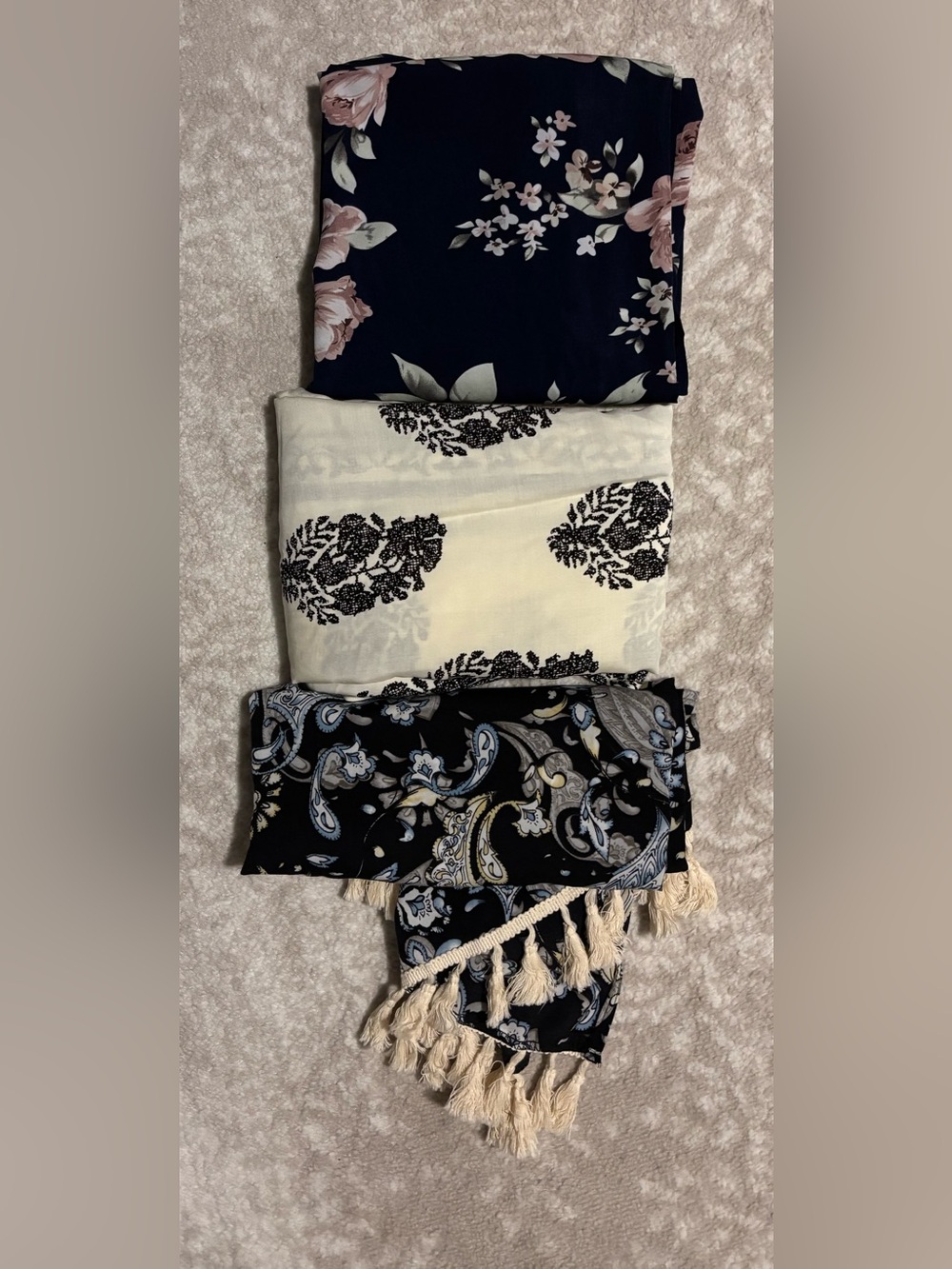 Women’s Floral & Paisley 3 Piece Kimono and Wrap Set- Navy, Cream, Black - OS